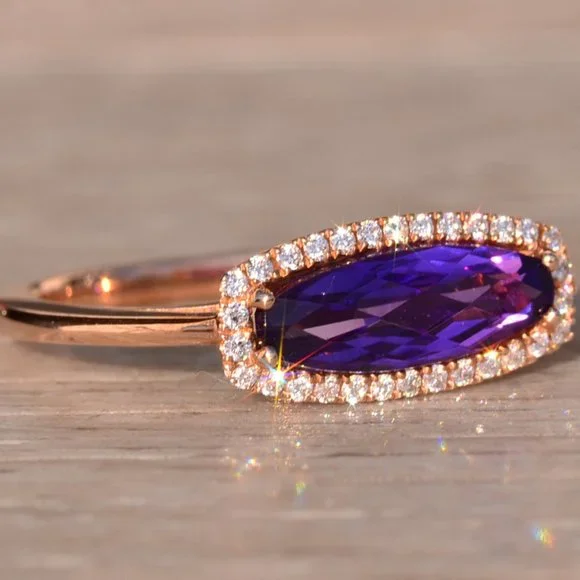 Contemporary Checkerboard Cut Elongated Amethyst and Natural Diamond Halo Ring i